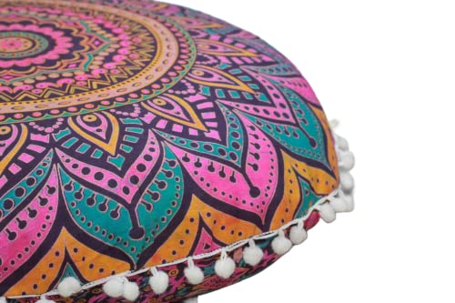 Runder Mandala-Boden-Kissenbezug, Sitzkissen, Überwurf, Ottomane, Pouf-Bezug, Pom-Pom-Kissenbezüge, Hippie, dekorativ, Bohemian-Boho-Indianer, 55,9 cm (New Pink) von INDIAN CRAFT CASTLE