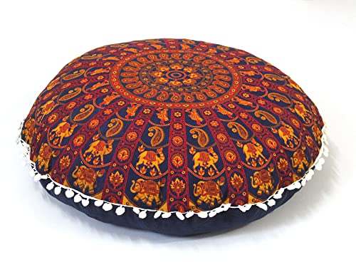 Runder Mandala-Bodenkissenbezug, Sitzkissen, Überwurf, Hippie, dekorativer Bohemian-Pouf, Pom Pom Kissenbezüge, Boho, indisch, 56 cm (Orange) von INDIAN CRAFT CASTLE