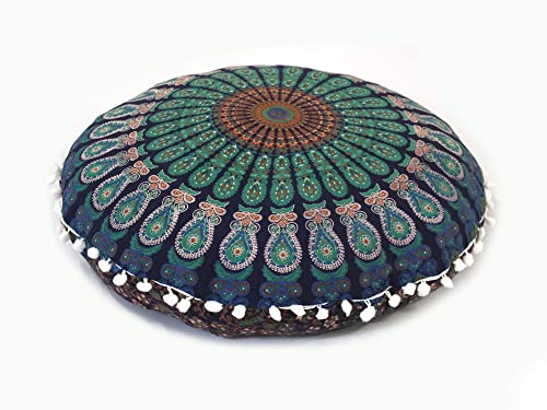 Runder Mandala-Bodenkissenbezug, Sitzkissen, Überwurf, Hippie, dekorativer Bohemian-Pouf, Pom Pom Kissenbezüge, Boho, indisch, 56 cm von INDIAN CRAFT CASTLE