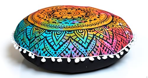 Runder Mandala-Bodenkissenbezug, Sitzkissen, Überwurf, Hippie, dekorativer Bohemian-Pouf-Bezug, Pompom-Kissenbezüge, Boho-Indisch, 55,9 cm (mehrfarbig) von INDIAN CRAFT CASTLE