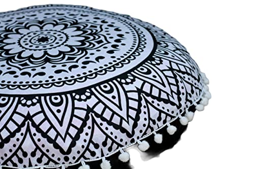 Runder Mandala-Bodenkissenbezug, Sitzkissen, Überwurf, Hippie-Dekoration, Bohemian-Ottoman, Pompom-Kissenbezüge, indischer Boho-Stil, 55,9 cm (schwarze Blume) von INDIAN CRAFT CASTLE