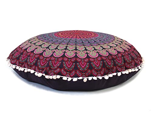 Runder Mandala-Bodenkissenbezug, Sitzkissen, Überwurfbezug, Hippie, dekorativer Bohemian-Pouf, Pom Pom Kissenbezüge, Boho, indisch, 56 cm (Rosa) von INDIAN CRAFT CASTLE