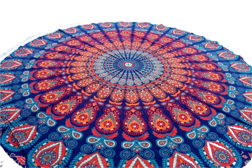 Runder Strandteppich Mandala Boho Hippie Decke indische Baumwolle Bohemian große Tischdecke Heimdekoration Yoga-Matte Meditation Picknickdecke Überwurf Hippie-Boho-Tischdecke Roundie (Orange und Blau) von INDIAN CRAFT CASTLE