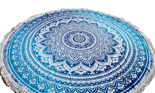 Runder Strandteppich Mandala Boho Hippie Decke indische Baumwolle Bohemian große Tischdecke Heimdekoration Yoga-Matte Meditation Picknickdecke Überwurf Hippie-Boho-Tischdecke Roundie 178 cm, blau weiß von INDIAN CRAFT CASTLE