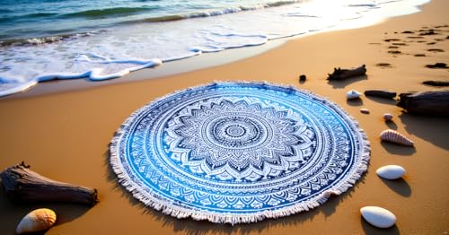 Runder Strandteppich Mandala Boho Hippie Decke indische Baumwolle Bohemian große Tischdecke Heimdekoration Yoga-Matte Meditation Picknickdecke Überwurf Hippie-Boho-Tischdecke Roundie 42" Blau und Weiß von INDIAN CRAFT CASTLE