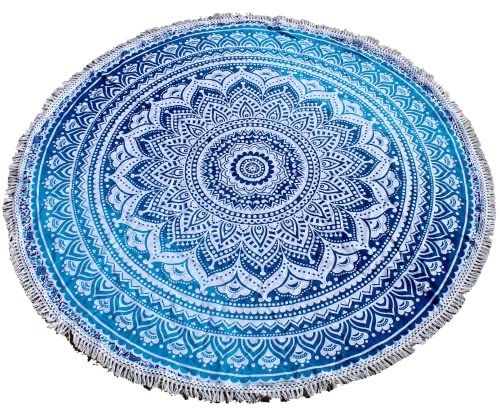 Runder Strandteppich Mandala Boho Hippie Decke indische Baumwolle Bohemian große Tischdecke Heimdekoration Yoga-Matte Meditation Picknickdecke Überwurf Hippie-Boho-Tischdecke Roundie177,8 cm Blau Weiß von INDIAN CRAFT CASTLE