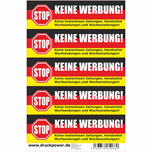 Briefkastenaufkleber - Achtung Stop Bitte keine Werbung! 5 Aufkleber Deutschland - 75mmx20mm - Keine kostenlosen Zeitungen, Handzettel, Wurfsendungen und Wochenzeitungen! von INDIGOS UG