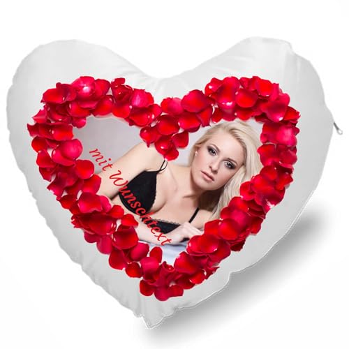INDIGOS UG - Foto-Herzkissen mit Rosen und Herz - Kissen mit Foto individuell Bedruckt - selbst gestalten - 45x40 cm - Kissenfüllung - personalisierte Geschenk-Idee - zum Geburtstag und Valentinstag von INDIGOS UG