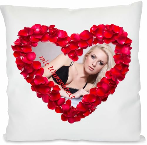 Foto-Kissen - Rosen und Herz - Kissen mit Foto individuell bedruckt - selbst gestalten - 40x40cm - weiß - Kissenfüllung - personalisierte Geschenk-Idee - zum Geburtstag & Valentinstag - Fotokissen von INDIGOS UG