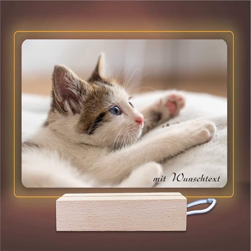 INDIGOS UG - LED Lampe personalisiert - Katze - quer - personalisierte Lampe - mit Foto & Wunschtext - Geschenk - Acrylglas 14x12 cm - optionale Lampe warmweiss von INDIGOS UG