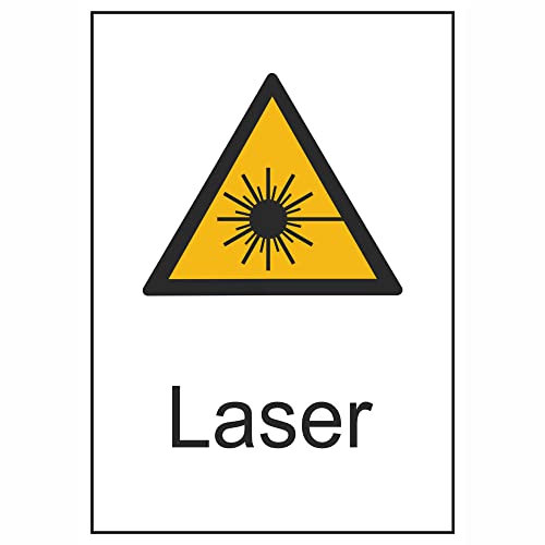 Indigos UG Aufkleber Laser, Warnschild Größe 13,10x18,50 cm - selbstklebender Sicherheits Aufkleber für Tür oder Wand - Warnschild für Gebäude, Hotel, Büro, Firma, Haus, Praxis von INDIGOS UG