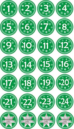 INDIGOS UG - Aufkleber rund 30x30mm für Adventskalender 1 to 24 - grün + Bonus Vintage Style - Labels - Stickers - Weihnachtskalender - Weihnachten - Advent - rund - zum Aufkleben von INDIGOS UG