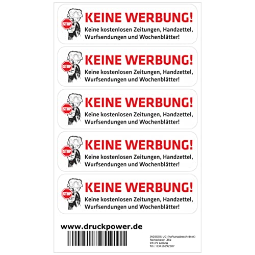 INDIGOS UG Briefkasten Aufkleber - Keine Werbung! - 10 Stück 70x20 mm - Keine kostenlosen Zeitungen, Handzettel, Wurfsendungen und Wochenzeitungen! - selbstklebend - lustig von INDIGOS UG