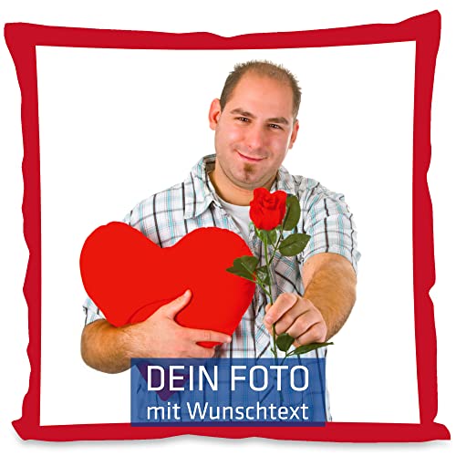 INDIGOS UG Foto-Kissen mit Foto individuell Bedruckt - selbst gestalten - 37x37 cm - rot - mit Kissenfüllung - personalisierte Geschenk-Idee - Valentinstag - Kopfkissen mit eigenem Foto - Fotokissen von INDIGOS UG