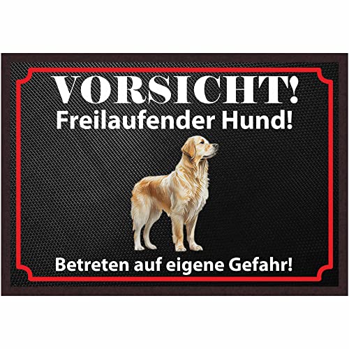 INDIGOS UG Fussmatte Hund - Golden Retriever - Bedruckt 50x35 cm mit lustigem Spruch - schwarz - Vorsicht freilaufender Hund - Türmatte - Schmutzfangmatte für Tür und Hausflur von INDIGOS UG