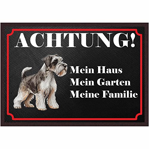 INDIGOS UG Fussmatte Hund - Schnauzer - Bedruckt 50x35 cm mit lustigem Spruch - schwarz - Mein Haus, Mein Garten, Meine Familie - Türmatte - Schmutzfangmatte für Tür und Hausflur von INDIGOS UG