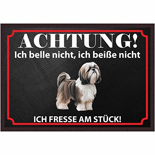 INDIGOS UG Fussmatte Hund - Shih Tzu - Bedruckt 50x35 cm mit lustigem Spruch - schwarz - Achtung, ich Fresse am Stück - Türmatte - Schmutzfangmatte für Tür und Hausflur von INDIGOS UG
