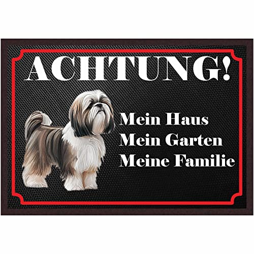 INDIGOS UG Fussmatte Hund - Shih Tzu - Bedruckt 50x35 cm mit lustigem Spruch - schwarz - Mein Haus, Mein Garten, Meine Familie - Türmatte - Schmutzfangmatte für Tür und Hausflur von INDIGOS UG