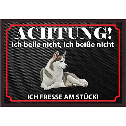 INDIGOS UG Fussmatte Hund - Sibirischer Husky - Bedruckt 50x35 cm mit lustigem Spruch - schwarz - Achtung, ich Fresse am Stück - Türmatte - Schmutzfangmatte für Tür und Hausflur von INDIGOS UG