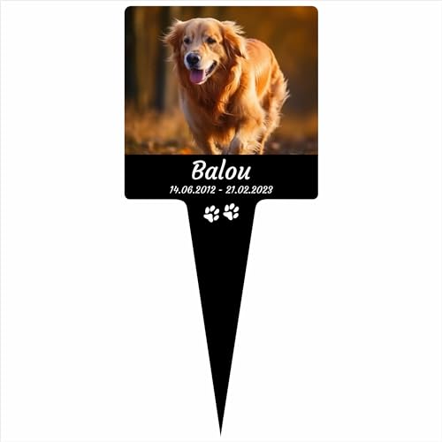 INDIGOS UG - Grabstecker für Ihr Haustier - Hund - 15 cm - wetterfester Gedenkpfahl als Grabschmuck - personalisiert mit Foto und Text - individuell mit Wunschname, Trauerspruch und Datum von INDIGOS UG