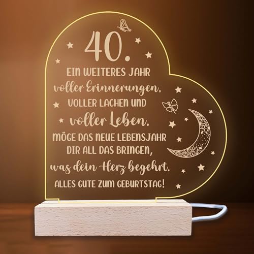 INDIGOS UG - LED Nachttischlampe - 40. Geburtstag - Herz rechts mit Spruch - Nachtlicht - 3D-LED-Lampe - Geburtstag - Geschenk für Freund, Freundin, Familie - Liebe, Geburtstagsgeschenk von INDIGOS UG