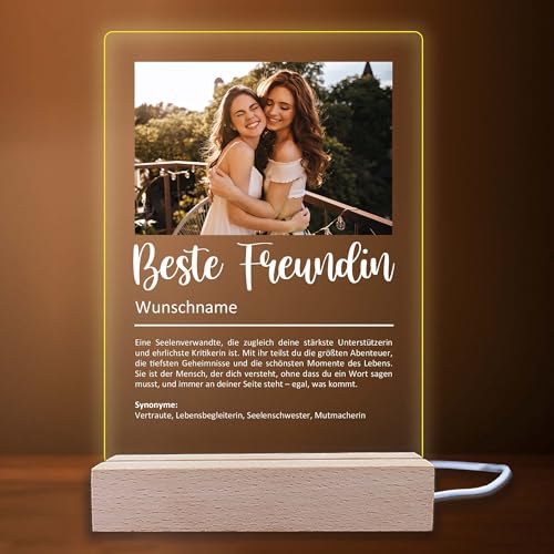 INDIGOS UG - LED Lampe personalisiert - Beste Freundin Definition - Bild mit Wunschtext - Wunschname - personalisiertes Nachtlicht - Geschenk, Geburtstag, Weihnachten - optionale Lampe warmweiß von INDIGOS UG
