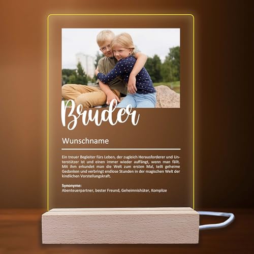 INDIGOS UG - LED Lampe personalisiert - Bruder Definition - Bild mit Wunschtext - Wunschname - personalisiertes Nachtlicht - Geschenk, Geburtstag, Weihnachten - optionale Lampe warmweiß von INDIGOS UG