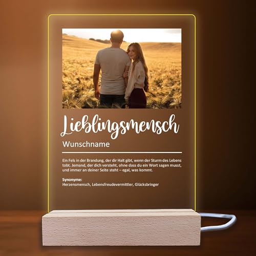 INDIGOS UG - LED Lampe personalisiert - Lieblingsmensch Definition - Bild mit Wunschtext - Wunschname - personalisiertes Nachtlicht - Geschenk, Geburtstag, Weihnachten - optional Lampe warmweiß von INDIGOS UG