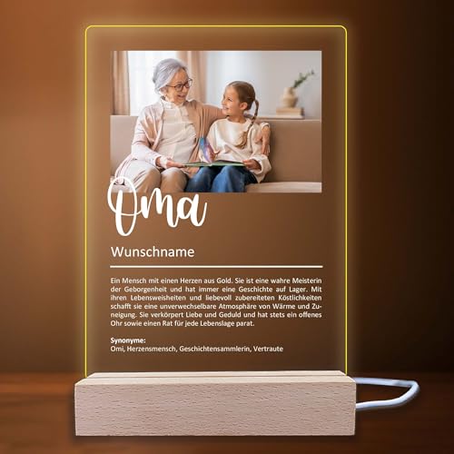 INDIGOS UG - LED Lampe personalisiert - Oma Definition - Bild mit Wunschtext - Wunschname - personalisiertes Nachtlicht - Geschenk, Geburtstag, Weihnachten - optionale Lampe warmweiß von INDIGOS UG
