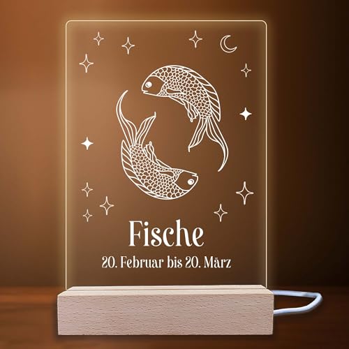 INDIGOS UG - LED Nachttischlampe - Sternzeichen mit Datum - Fische - Symbol - Dekoration - LED-Lampe - Geschenk, Geburtstag, Weihnachten - Nachtlicht mit optionale Lampe warmweiß von INDIGOS UG