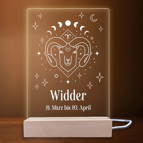 INDIGOS UG - LED Nachttischlampe - Sternzeichen mit Datum - Widder - Symbol - Dekoration - LED-Lampe - Geschenk, Geburtstag, Weihnachten - Nachtlicht mit optionale Lampe warmweiß von INDIGOS UG