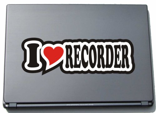 INDIGOS UG Laptop Aufkleber I Love Recorder 210 mm - Notebook Aufkleberskin - Dekoration für Laptopdeckel - für Studenten, Büro, Schule, Uni von INDIGOS UG