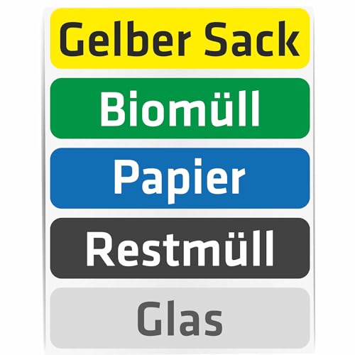 INDIGOS UG - Mülleimer Aufkleber - 5 Stück - 110x25 mm - Biomüll - Restmüll - Gelber Sack - Glas - Papier - zur Beschriftung Mülltonne - privat - Hausgemeinschaft - Firma - Büro von INDIGOS UG