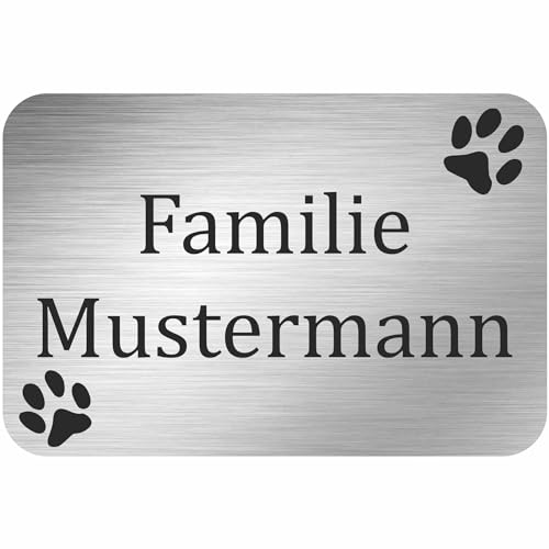 INDIGOS UG - Namensschild - Pfoten Hunde - 100x50 mm Aluverbundplatte Edelstahllook 3 mm - individuell personalisiert mit Wunschtext, Namen, Familienname, Firma - Briefkasten - Haustür von INDIGOS UG