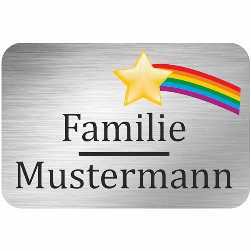 INDIGOS UG - Namensschild - Regenbogen - 100x50 mm Aluverbundplatte Edelstahllook 3 mm - individuell personalisiert mit Wunschtext, Namen, Familienname, Firma - Briefkasten - Haustür von INDIGOS UG
