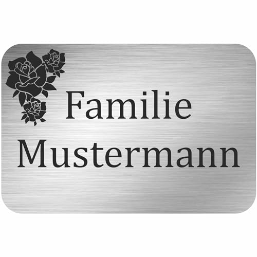 INDIGOS UG - Namensschild - Rose - 100x50 mm Aluverbundplatte Edelstahllook 3 mm - individuell personalisiert mit Wunschtext, Namen, Familienname, Firma - Briefkasten - Haustür von INDIGOS UG