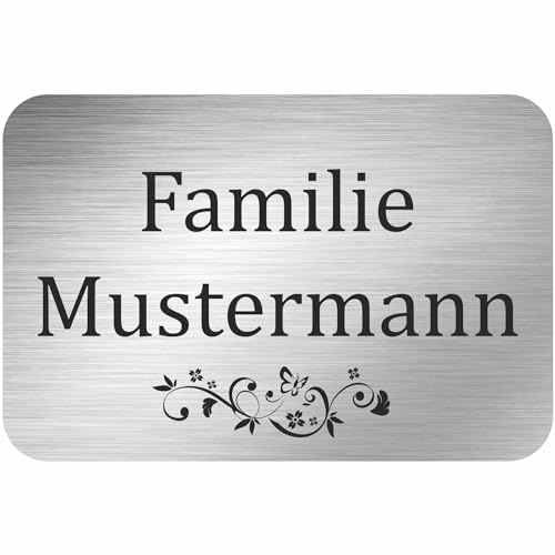 INDIGOS UG - Namensschild - Schmetterlinge unten - 200x150 mm Aluverbundplatte Edelstahllook 3 mm - individuell personalisiert mit Wunschtext, Namen, Familienname, Firma - Briefkasten - Haustür von INDIGOS UG