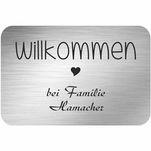 INDIGOS UG - Namensschild - Willkommen Herz - 150x100 mm Aluverbundplatte Edelstahllook 3 mm - individuell personalisiert mit Wunschtext, Namen, Familienname, Firma - Briefkasten - Haustür von INDIGOS UG