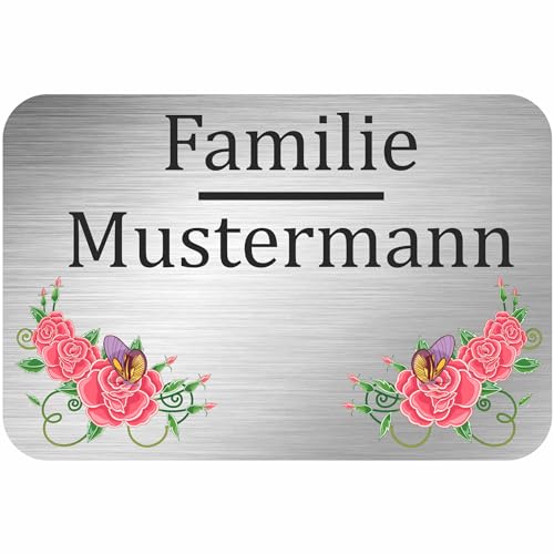 INDIGOS UG - Namensschild - bunte Blumen - 150x100 mm Aluverbundplatte Edelstahllook 3 mm - individuell personalisiert mit Wunschtext, Namen, Familienname, Firma - Briefkasten - Haustür von INDIGOS UG