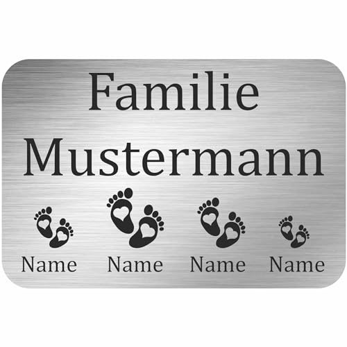 INDIGOS UG - Namensschild - mit Füßen & Namen - 150x100 mm Aluverbundplatte Edelstahllook 3 mm - individuell personalisiert mit Wunschtext, Namen, Familienname, Firma - Briefkasten - Haustür von INDIGOS UG