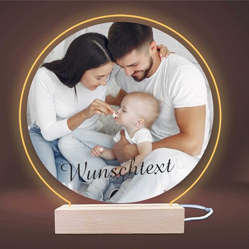 INDIGOS UG - LED Lampe personalisiert - Nachttischlampe - rund - mit Foto & Wunschtext - personalisierte Geschenke - Fotogeschenke Acrylglas 14x14 cm - optional warmweiss von INDIGOS UG