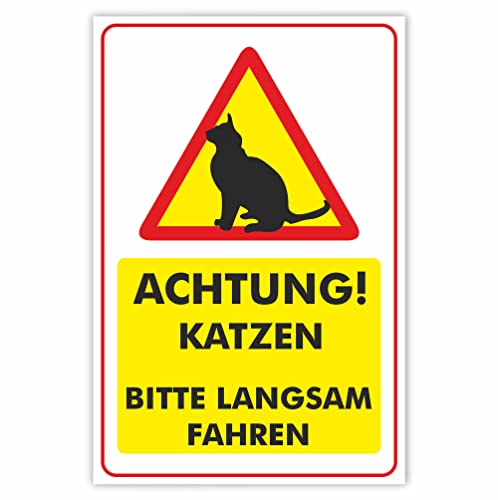 INDIGOS UG - Schilder - 297x210mm - Schild DIN A4 1 Stück - Achtung! Katzen bitte langsam fahren - Aluverbundplatte - für Garage, Hotel, Parkplatz, Schule, Carport, Firma von INDIGOS UG