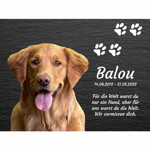 INDIGOS UG - Tiergrabstein - 40x30 cm - Gedenktafel im Schiefertafellook - wetterfest personalisiert mit Foto und Text - individuell mit Wunschtext und Datum INDIGOS UG - Tiergrabstein - 40x30 cm - Gedenktafel im Schiefertafellook - wetterfest personalisiert mit Foto und Text - individuell mit Wunschtext und Datum von INDIGOS UG