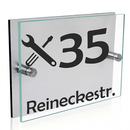 INDIGOS UG - Türschild personalisiert - Werkstatt - Acrylglas 30x20 cm - Wunschtext mit Name, Firmenname, Straße, Hausnummer - Schilder selbst gestalten - Silberne Wandplatte mit Befestigung INDIGOS UG - Türschild personalisiert - Werkstatt - Acrylglas 30x20 cm - Wunschtext mit Name, Firmenname, Straße, Hausnummer - Schilder selbst gestalten - Silberne Wandplatte mit Befestigung von INDIGOS UG