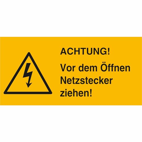 Indigos UG - Aufkleber - Achtung! Vor dem Öffnen Netzstecker Warnschild Bogen 54 Stück 32x16 mm - Warnung - Sicherheit - Hotel, Firma, Haus von INDIGOS UG