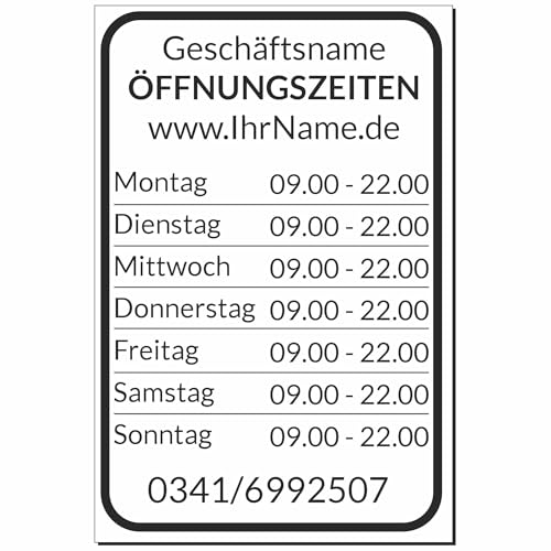 Indigos UG - Öffnungzeiten Schild Aluverbund 3mm groß - Schilder selbst gestalten mit Wunschtext - 15x20 cm - wetterfestes Öffnungszeitenschild personalisierbar für Tür, Wand oder Gebäude von INDIGOS UG