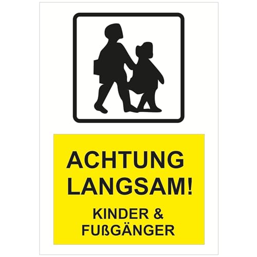 Indigos UG - Schild Achtung Langsam! Kinder & Fußgänger - 210x297 - Hotel, Firma, Schutz, KITA, Arzt, Praxis - Sicherheit - Warnung - Aluverbundplatte 3mm, Wohnung - Hinweisschild - Warnschild von INDIGOS UG
