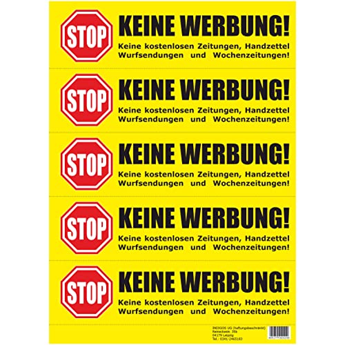 Keine Werbung! 4x5 Briefkastenaufkleber Aufkleber gelb - Keine kostenlosen Zeitungen, Handzettel, Wurfsendungen und Wochenzeitungen! Für den Briefkasten - Zeitungsrolle von INDIGOS UG