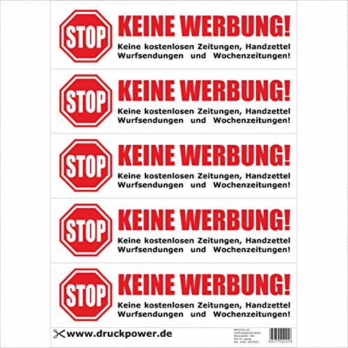 Keine Werbung! 4x5 Briefkastenaufkleber Aufkleber weiß - Keine kostenlosen Zeitungen, Handzettel, Wurfsendungen und Wochenzeitungen! Für den Briefkasten - Zeitungsrolle von INDIGOS UG