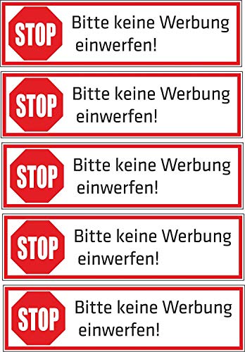 Keine Werbung! 5 - Block - weiße Briefkastenaufkleber 70x20 mm - Aufkleber STOP Bitte keine Werbung einwerfen - Briefkasten - Zeitungsrolle (1) von INDIGOS UG